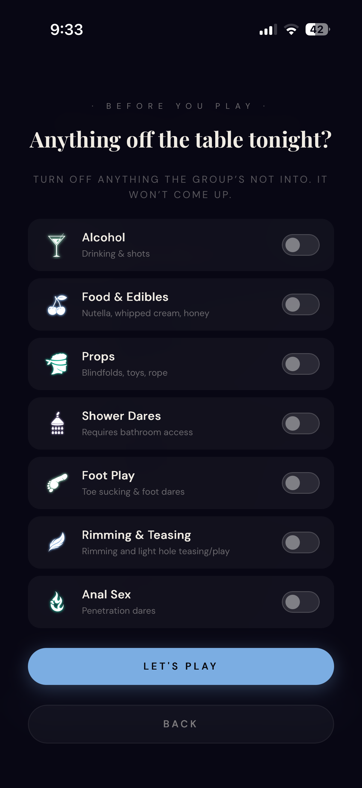 Limits and category selection screen